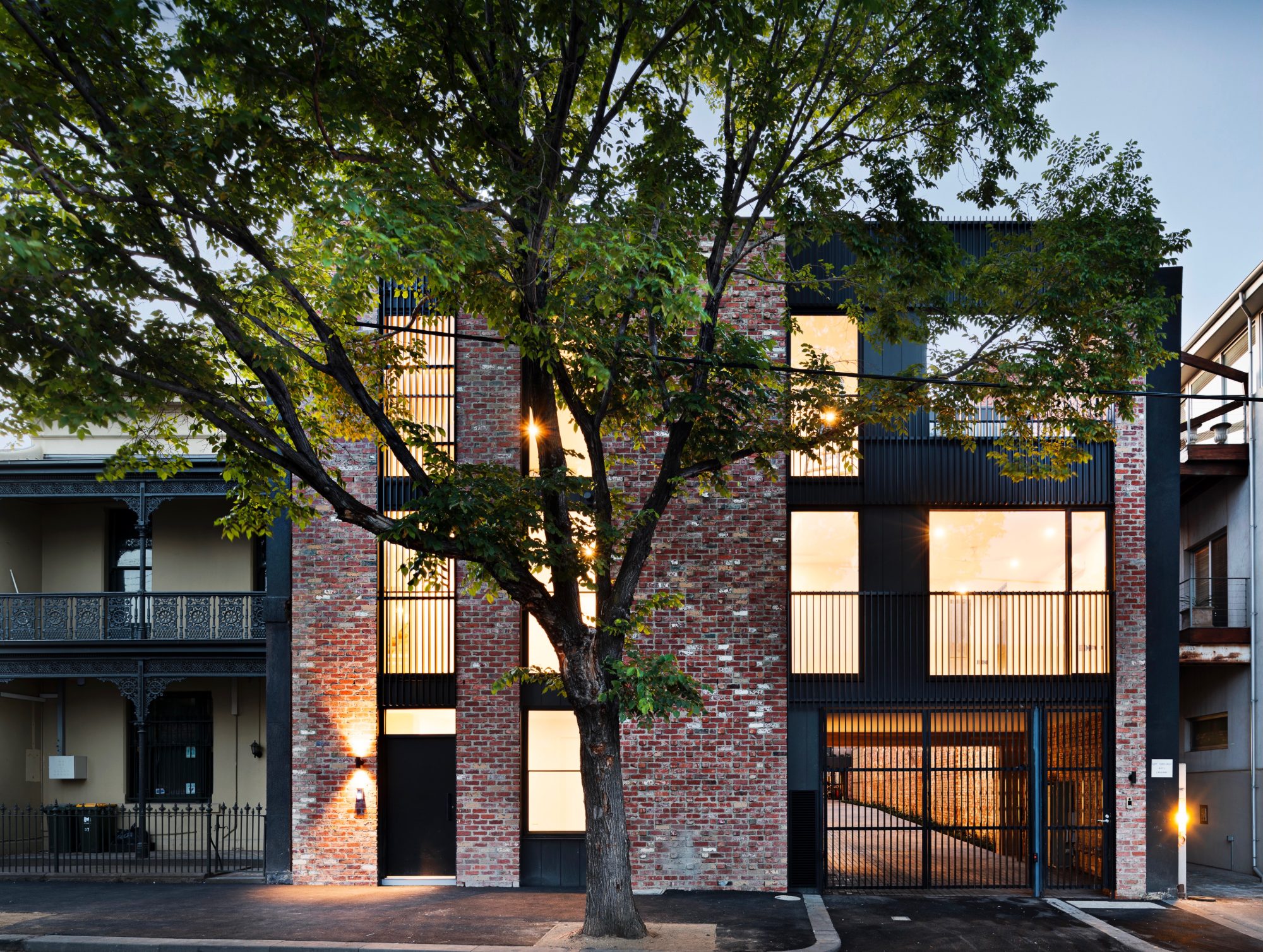 Brick facade at dusk